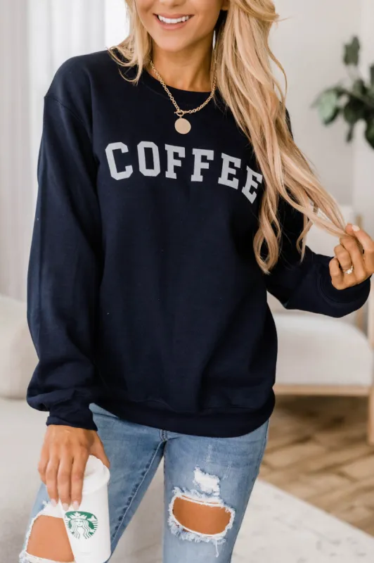 Coffee Varsity Graphic Navy Sweatshirt made by Pink Lily
