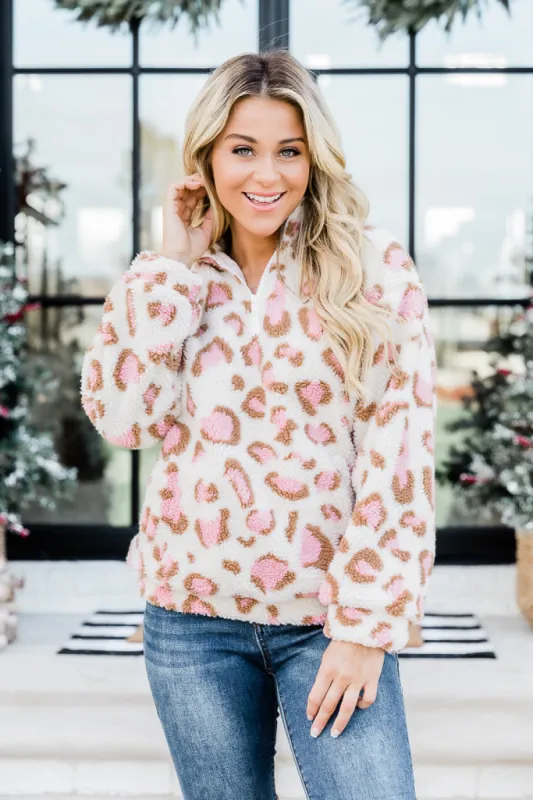 Call Of The Wild Pink Leopard Print Sherpa Quarter Zip Pullover FINAL SALE sold by Pink Lily