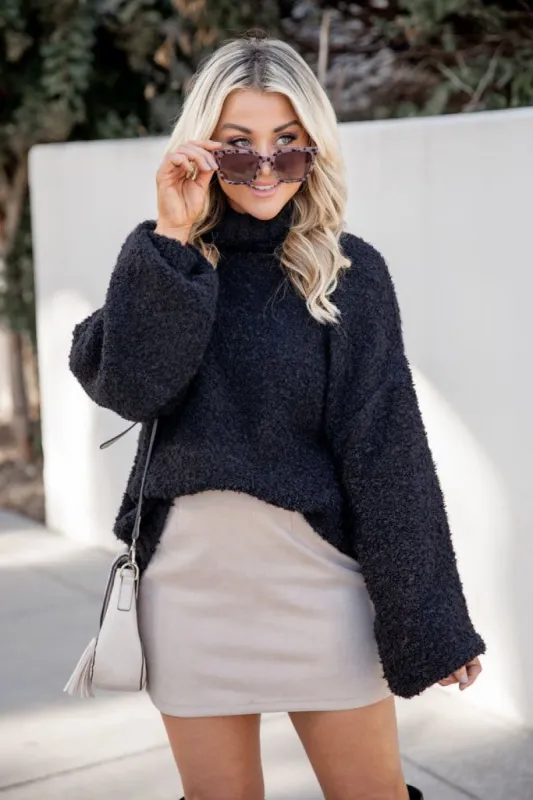 Never Replace You Black Fuzzy Oversized Turtleneck Sweater sold by Pink Lily