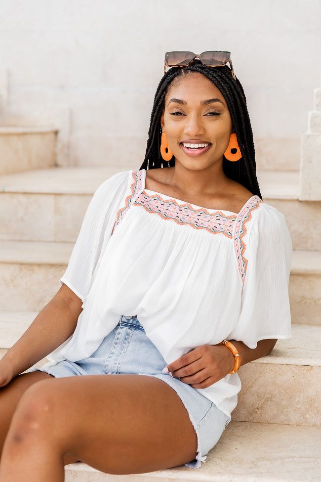 Fun And Done Ivory Embroidered Trim Blouse sold by Pink Lily