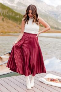 Wine and Dine Pleated Midi Skirt Amber Massey X Pink Lily FINAL SALE sold by Pink Lily