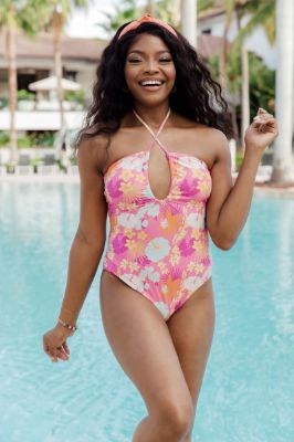 Palm Party Pink Tropical Printed One-Piece Swimsuit sold by Pink Lily