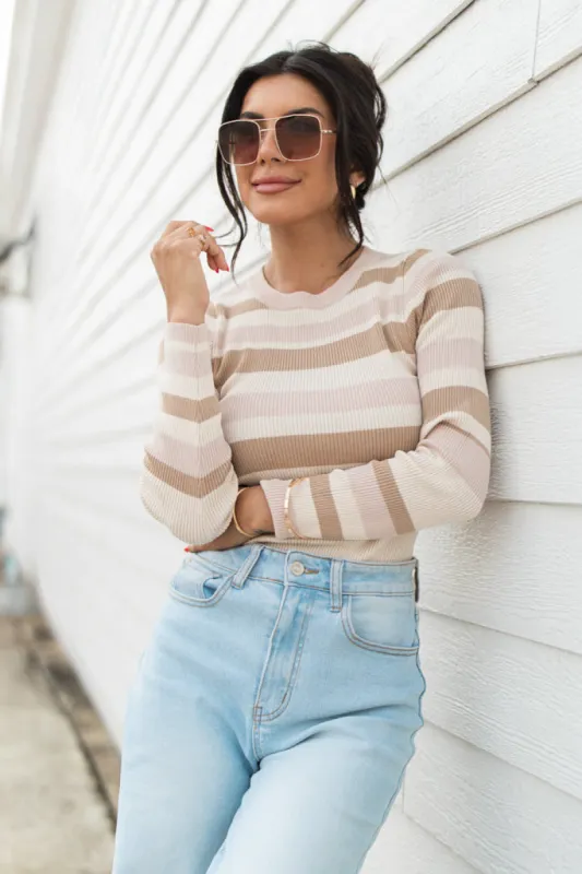 See It Through Pink And Brown Striped Fitted Sweater sold by Pink Lily