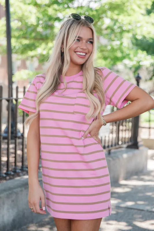 Never A Dull Moment Pink and Brown Striped T-Shirt Dress sold by Pink Lily