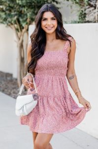 Magnificent Time Rust Smocked Spotted Ruffle Mini Dress FINAL SALE sold by Pink Lily