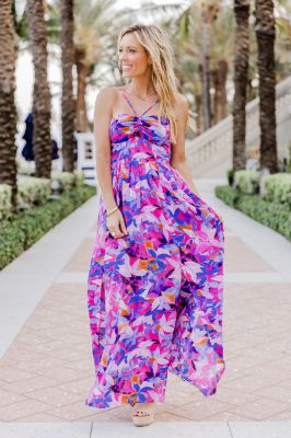 On The Coast Of Somewhere Beautiful Purple Tropical Print Maxi Dress made by Pink Lily
