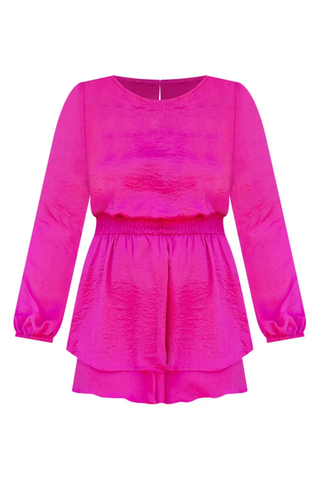 Holding It Down Magenta Smocked Waist Satin Romper sold by Pink Lily product image thumbnail 5