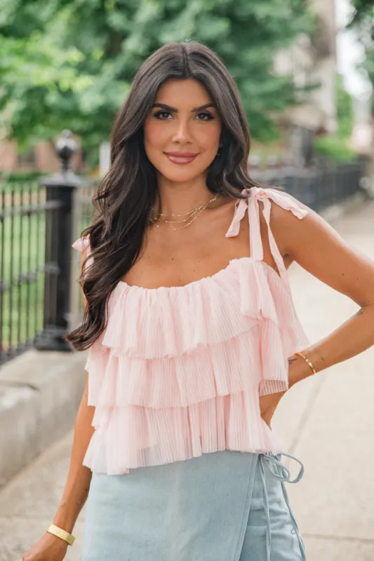 It's Giving Blush Ruffle Tulle Bow Shoulder Tank sold by Pink Lily