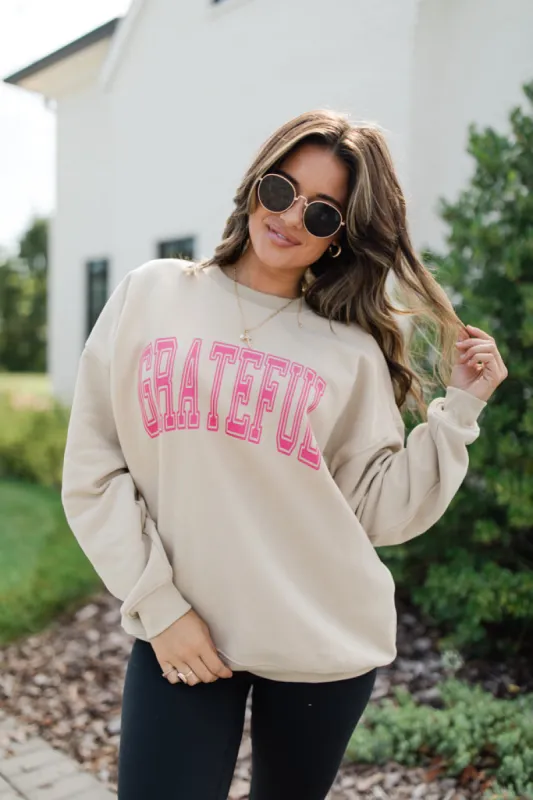 Grateful Light Tan Oversized Graphic Sweatshirt sold by Pink Lily