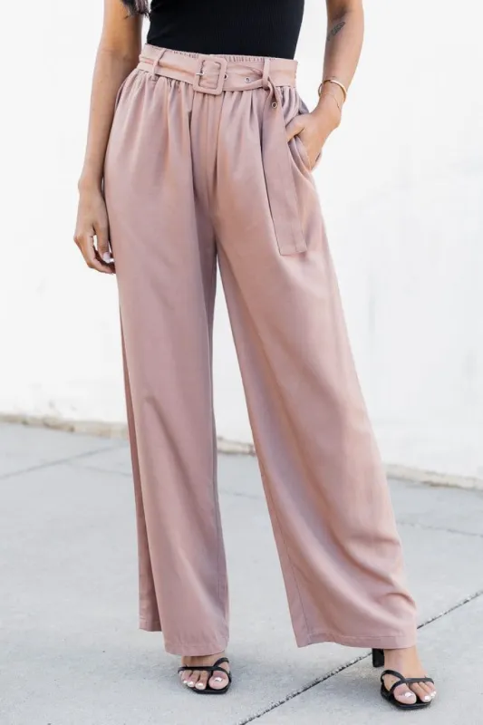 Business As Usual Tan Belted Wide Leg Pants FINAL SALE sold by Pink Lily