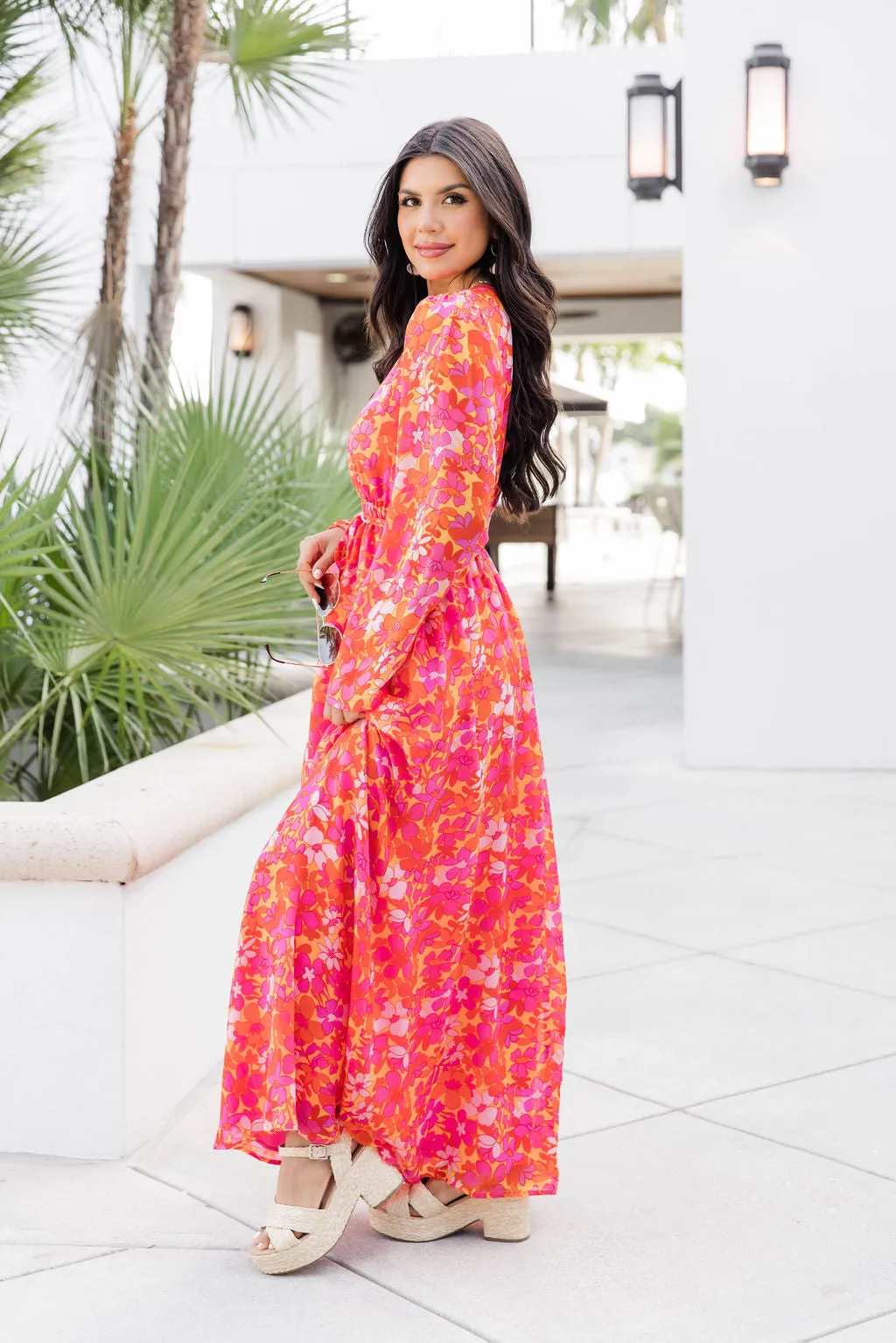 Dance The Night Away Long Sleeve Red Tropical Printed Maxi Dress FINAL SALE sold by Pink Lily product image thumbnail 4