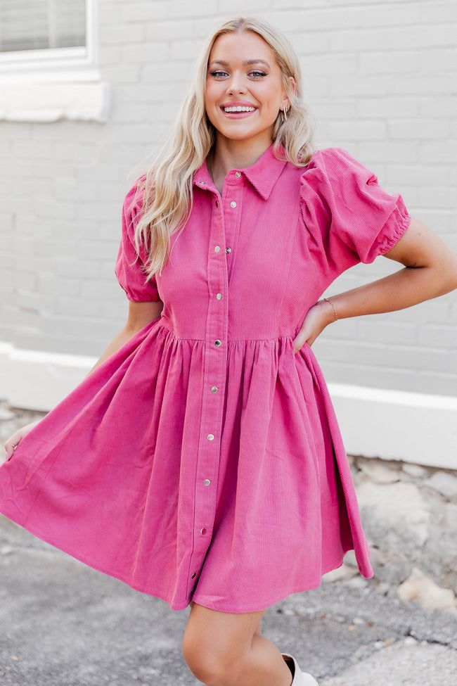 Pour Your Heart Out Pink Corded Puff Sleeve Button Up Mini Dress FINAL SALE sold by Pink Lily