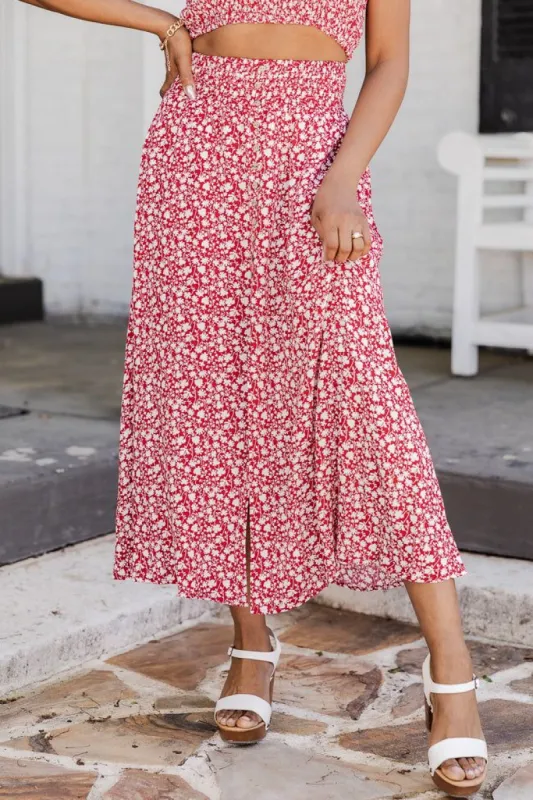 In The Know Red Floral Midi Skirt sold by Pink Lily