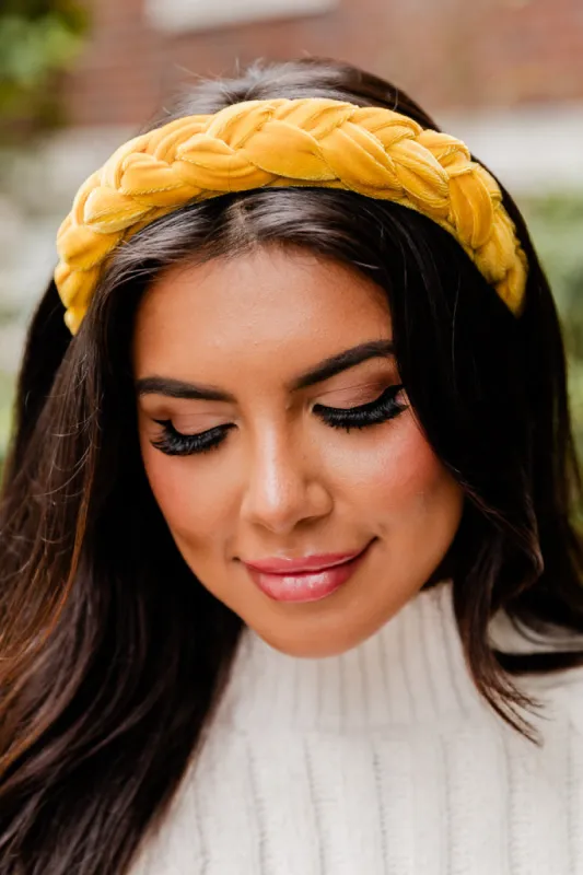 A Different Tale Mustard Velvet Braided Headband sold by Pink Lily