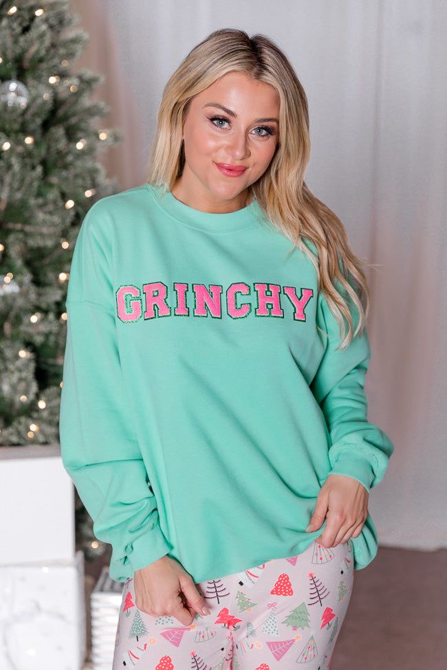 Grinchy Chenille Patch Lime Oversized Graphic Sweatshirt sold by Pink Lily product image thumbnail 4