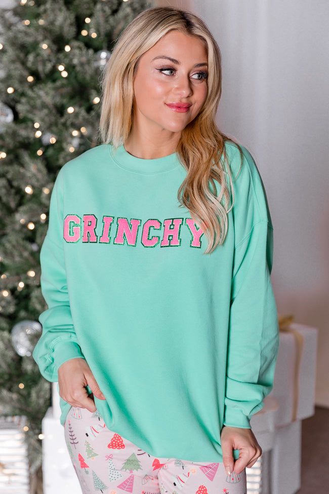 Grinchy Chenille Patch Lime Oversized Graphic Sweatshirt sold by Pink Lily