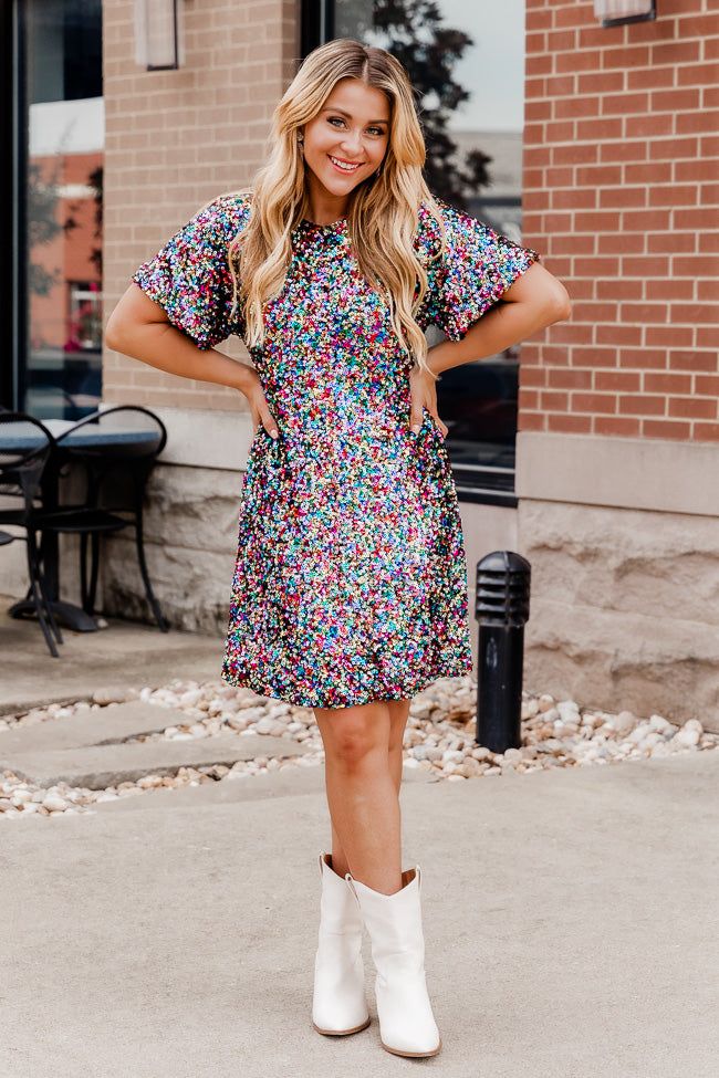 Just Be Honest Multi Color Sequin T-Shirt Dress sold by Pink Lily