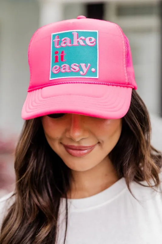 Take It Easy Pink Patch Trucker Hat sold by Pink Lily