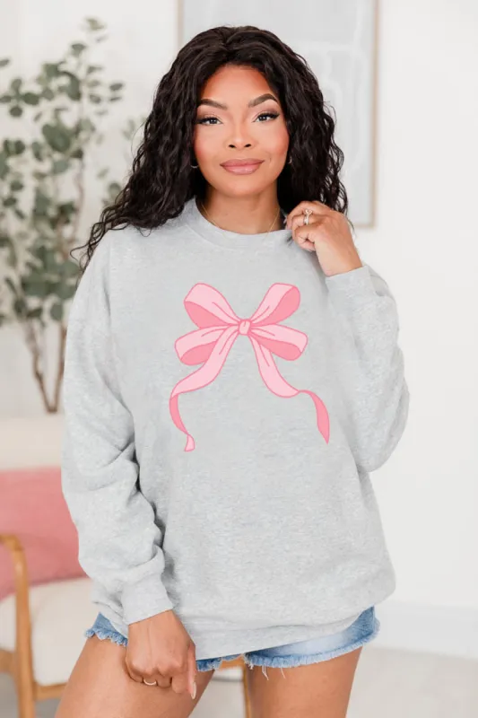 Pink Bow Light Grey Oversized Graphic Sweatshirt sold by Pink Lily