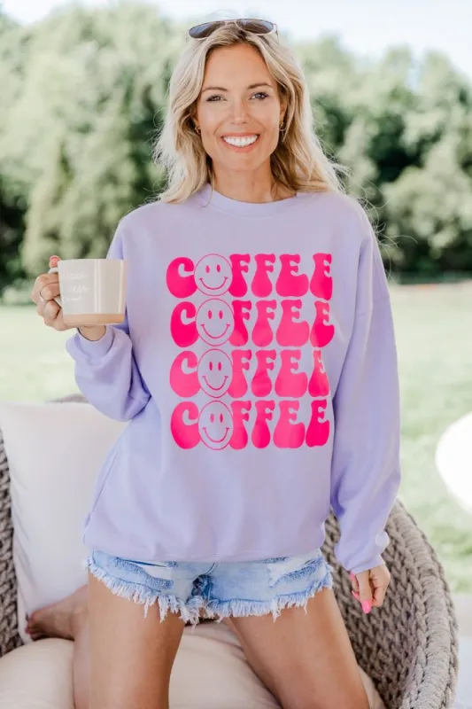 Coffee Repeat Smiley Lilac Oversized Graphic Sweatshirt sold by Pink Lily