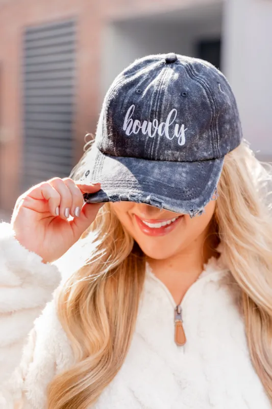 Howdy Embroidered Black Acid Wash Baseball Hat FINAL SALE sold by Pink Lily