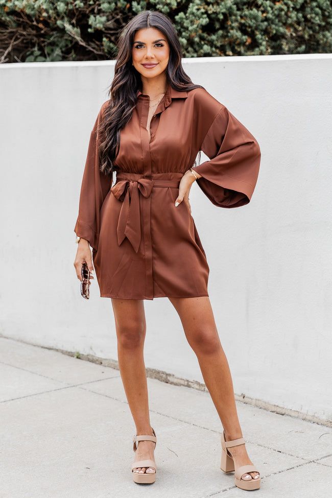 Stay With Me Brown Collared Button Up Satin Mini Dress FINAL SALE sold by Pink Lily product image thumbnail 3