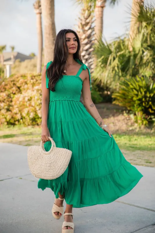 Live In The Moment Kelly Green Smocked Tiered Midi Dress FINAL SALE sold by Pink Lily