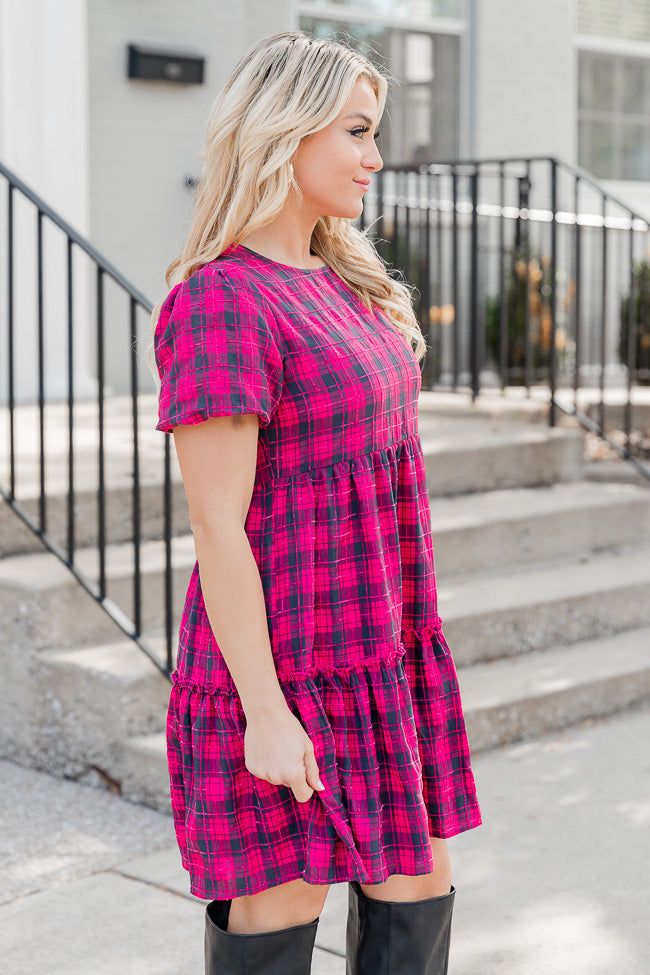 The Thrill Of It Pink and Black Plaid Short Sleeve Babydoll Dress FINAL SALE sold by Pink Lily product image thumbnail 2