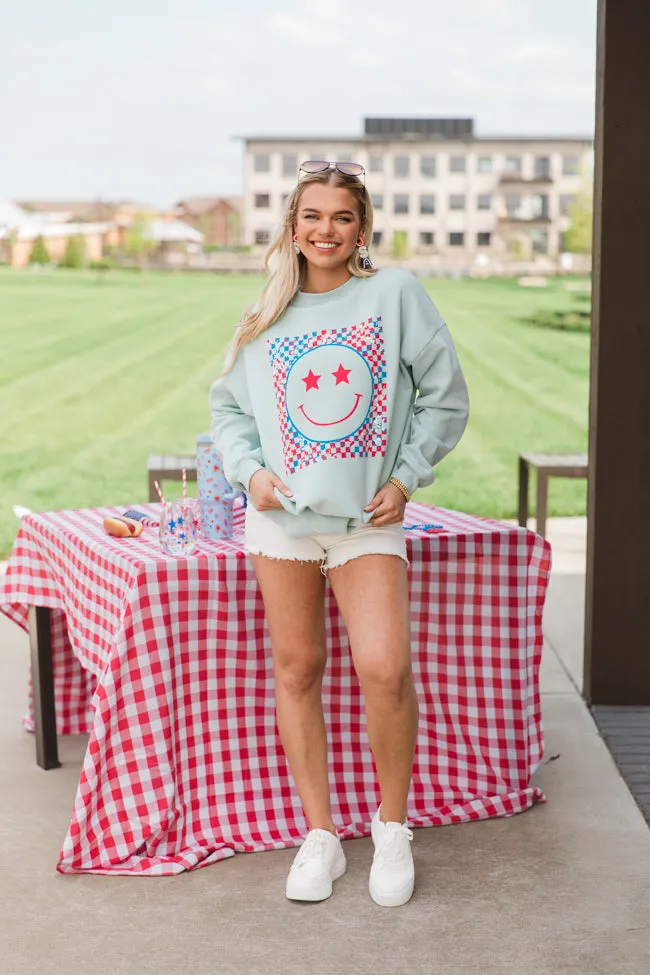 Multi Checkered Patriotic Smiley Light Blue Oversized Graphic Sweatshirt sold by Pink Lily product image thumbnail 4