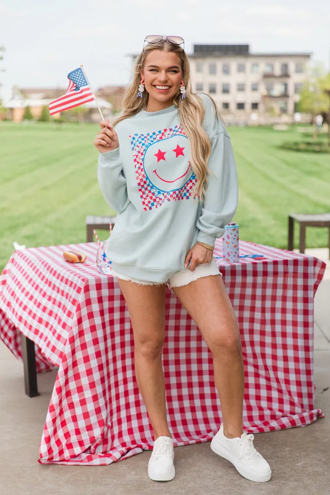 Multi Checkered Patriotic Smiley Light Blue Oversized Graphic Sweatshirt sold by Pink Lily product image thumbnail 2