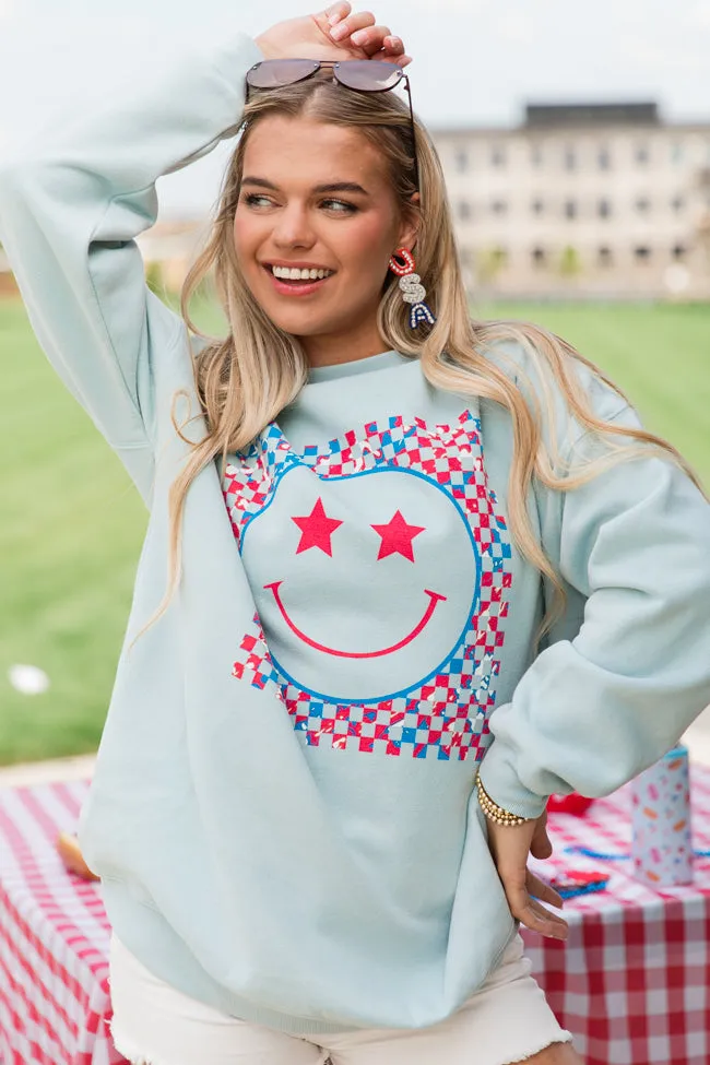 Multi Checkered Patriotic Smiley Light Blue Oversized Graphic Sweatshirt sold by Pink Lily