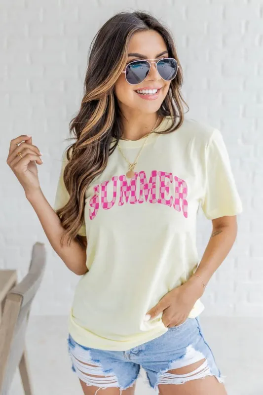 Summer Checkered Pale Yellow Graphic Tee sold by Pink Lily