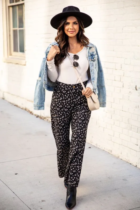 Makes Me Wonder Black Corduroy Floral Pants FINAL SALE sold by Pink Lily