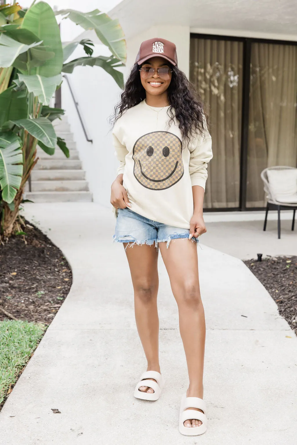 Neutral Checkered Smiley Light Tan Oversized Graphic Sweatshirt sold by Pink Lily product image thumbnail 2