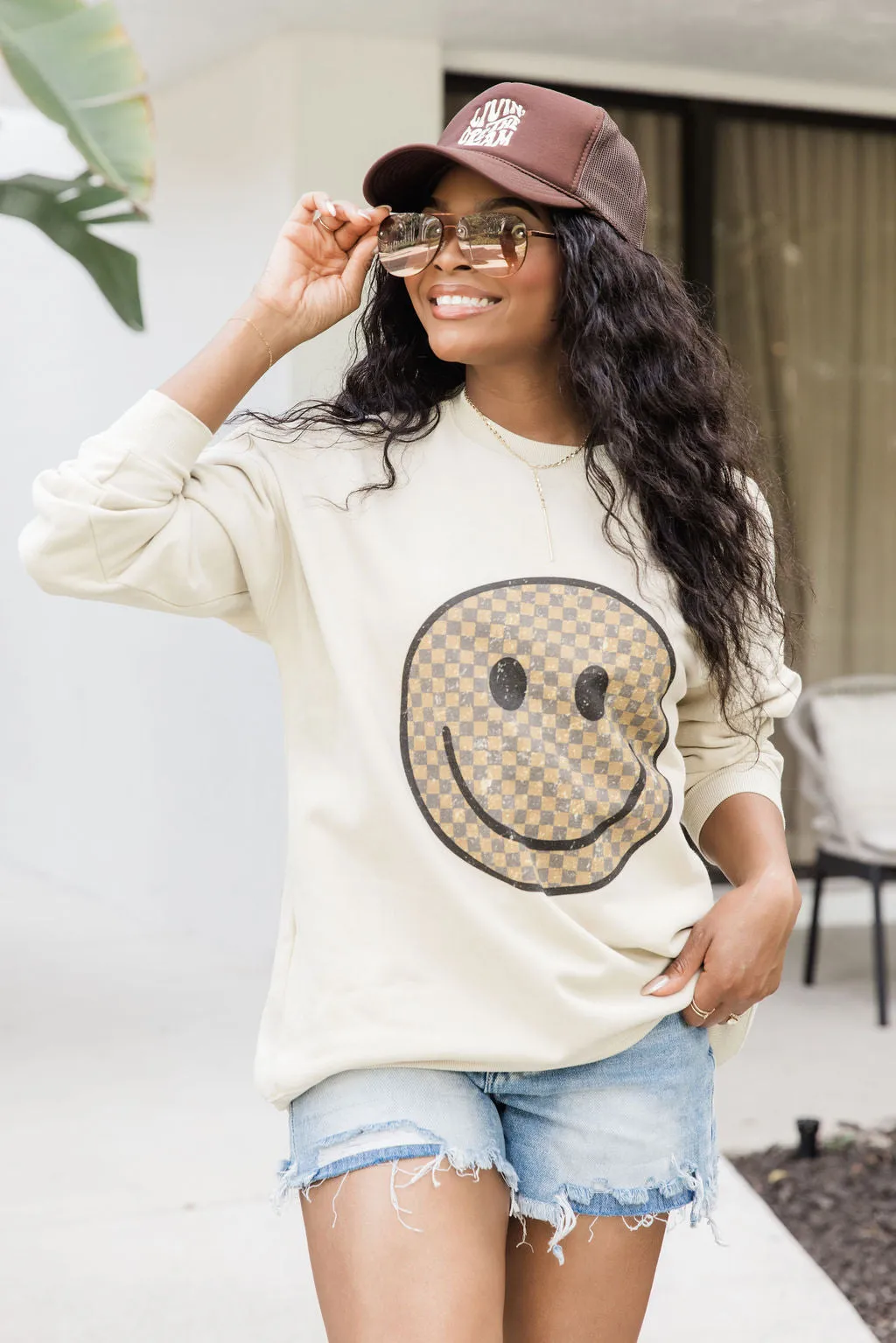 Neutral Checkered Smiley Light Tan Oversized Graphic Sweatshirt sold by Pink Lily product image thumbnail 4