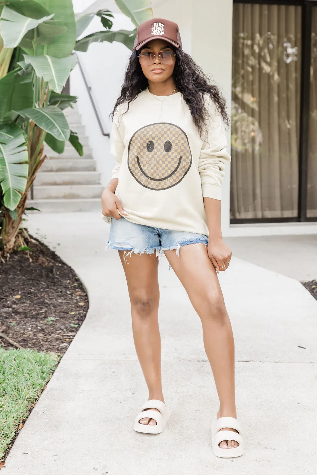 Neutral Checkered Smiley Light Tan Oversized Graphic Sweatshirt sold by Pink Lily product image thumbnail 5