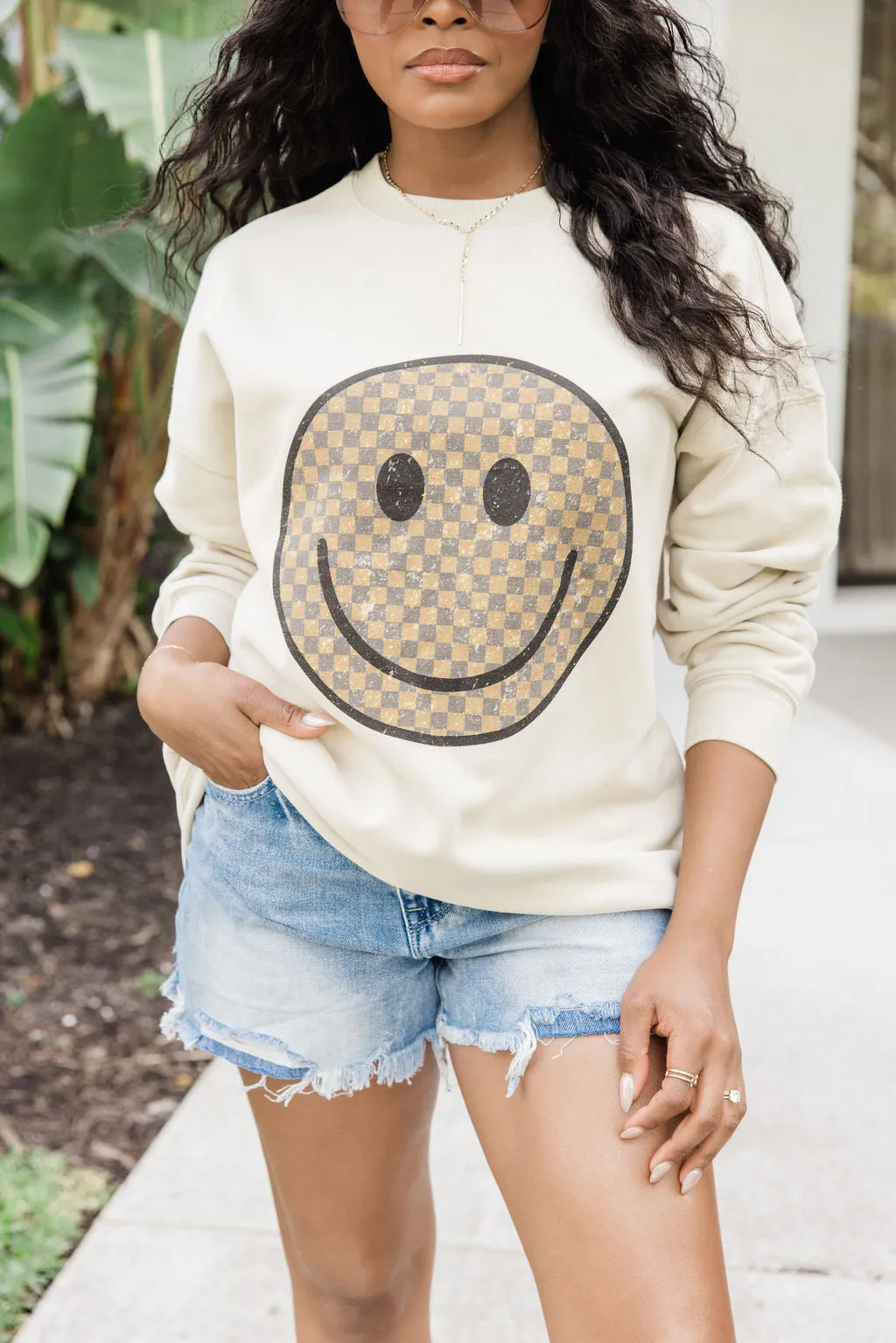 Neutral Checkered Smiley Light Tan Oversized Graphic Sweatshirt sold by Pink Lily product image thumbnail 3