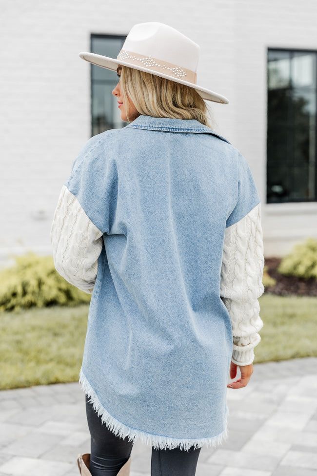 Never Stop Dreaming Medium Wash Cable Knit Sleeve Chambray Shacket sold by Pink Lily product image thumbnail 4