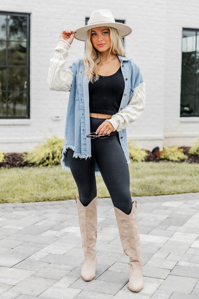 Never Stop Dreaming Medium Wash Cable Knit Sleeve Chambray Shacket sold by Pink Lily