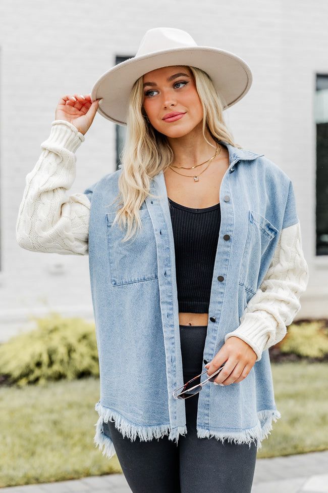 Never Stop Dreaming Medium Wash Cable Knit Sleeve Chambray Shacket sold by Pink Lily product image thumbnail 2