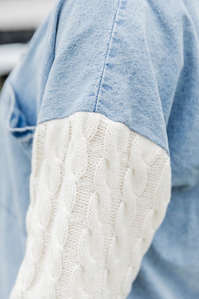 Never Stop Dreaming Medium Wash Cable Knit Sleeve Chambray Shacket sold by Pink Lily product image thumbnail 3