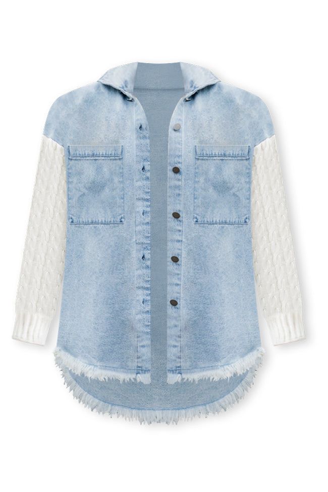 Never Stop Dreaming Medium Wash Cable Knit Sleeve Chambray Shacket sold by Pink Lily product image thumbnail 6