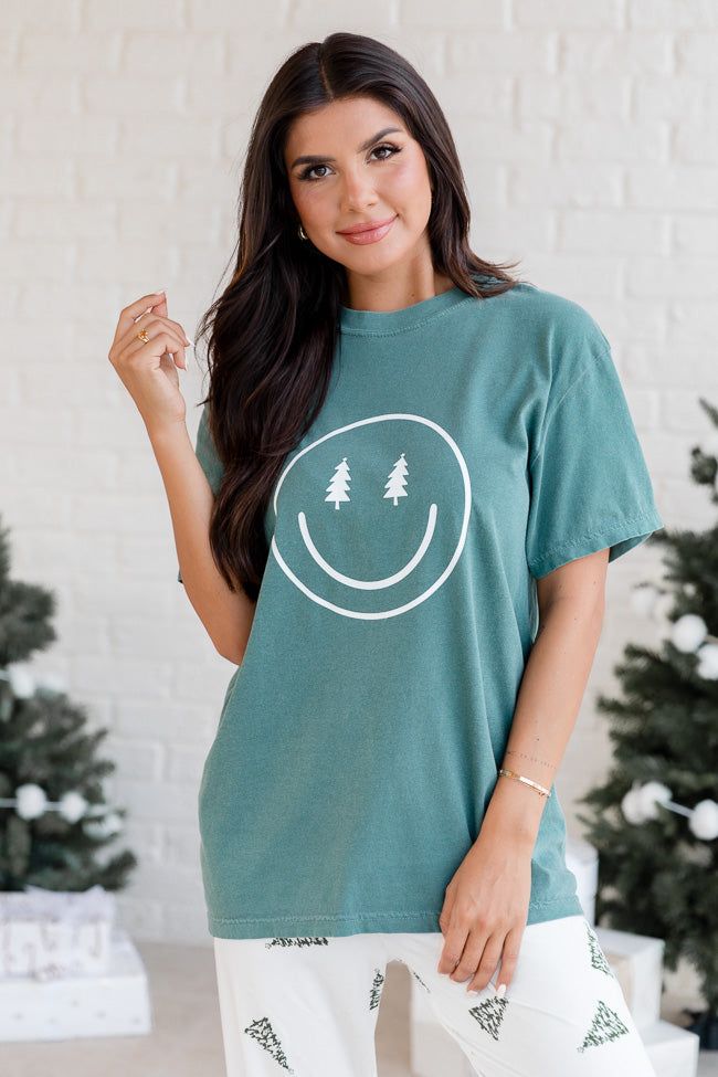 Smiley Face Christmas Tree Dark Green Graphic Tee sold by Pink Lily product image thumbnail 4