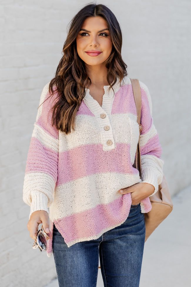 Know You Best Mauve Oversized Striped Henley Sweater sold by Pink Lily