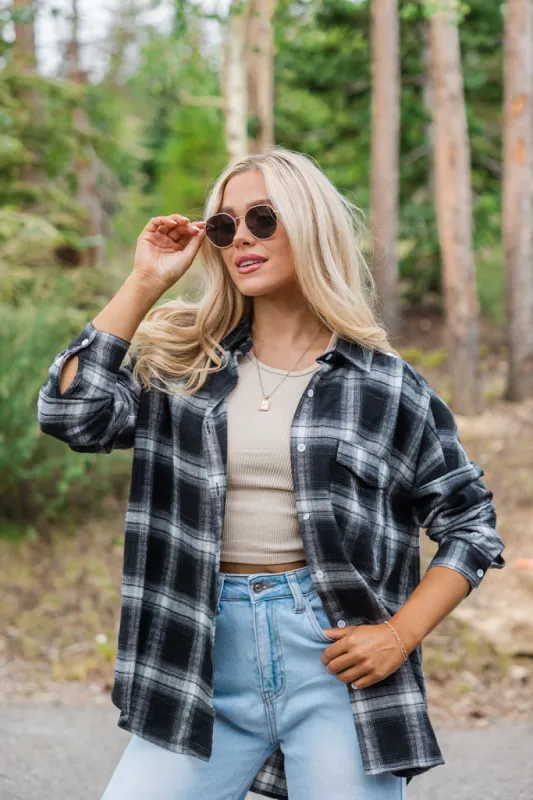 Made Me Realize Black And Ivory Plaid Oversized Button Front Shirt FINAL SALE sold by Pink Lily