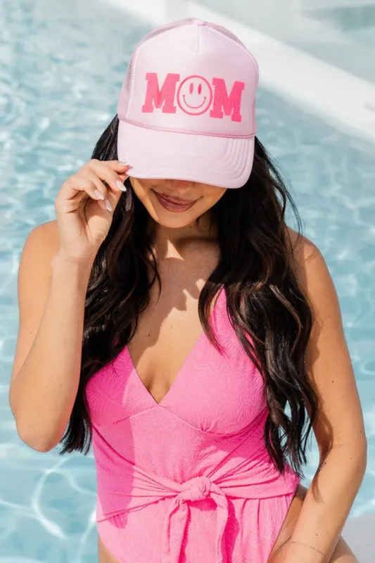 Mom Smiley Light Pink Trucker Hat sold by Pink Lily