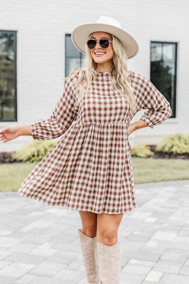 True Love Brown Plaid Gauze Mini Dress sold by Pink Lily