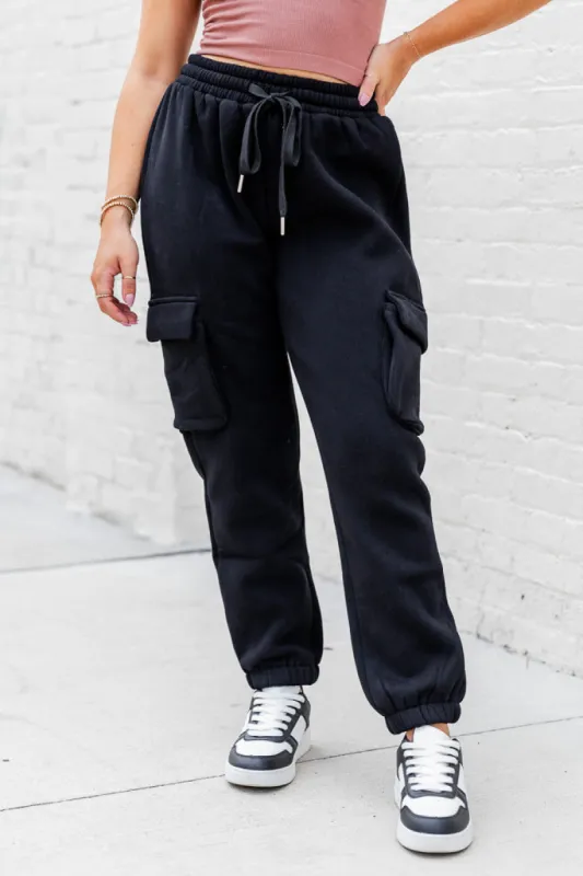 On The Go Black Fleece Cargo Jogger FINAL SALE sold by Pink Lily
