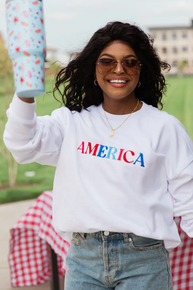 America Multi Embroidery White Graphic Sweatshirt FINAL SALE sold by Pink Lily