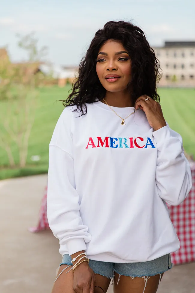 America Multi Embroidery White Graphic Sweatshirt FINAL SALE sold by Pink Lily product image thumbnail 3